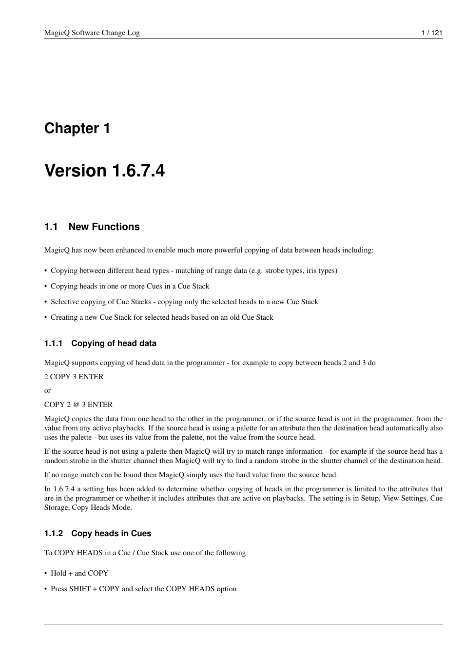 Version 1.6.7.4, New functions, Copying of head data | Copy heads in cues, Chapter 1 | ChamSys MagicQ Software Change Log User Manual | Page 15 / 135