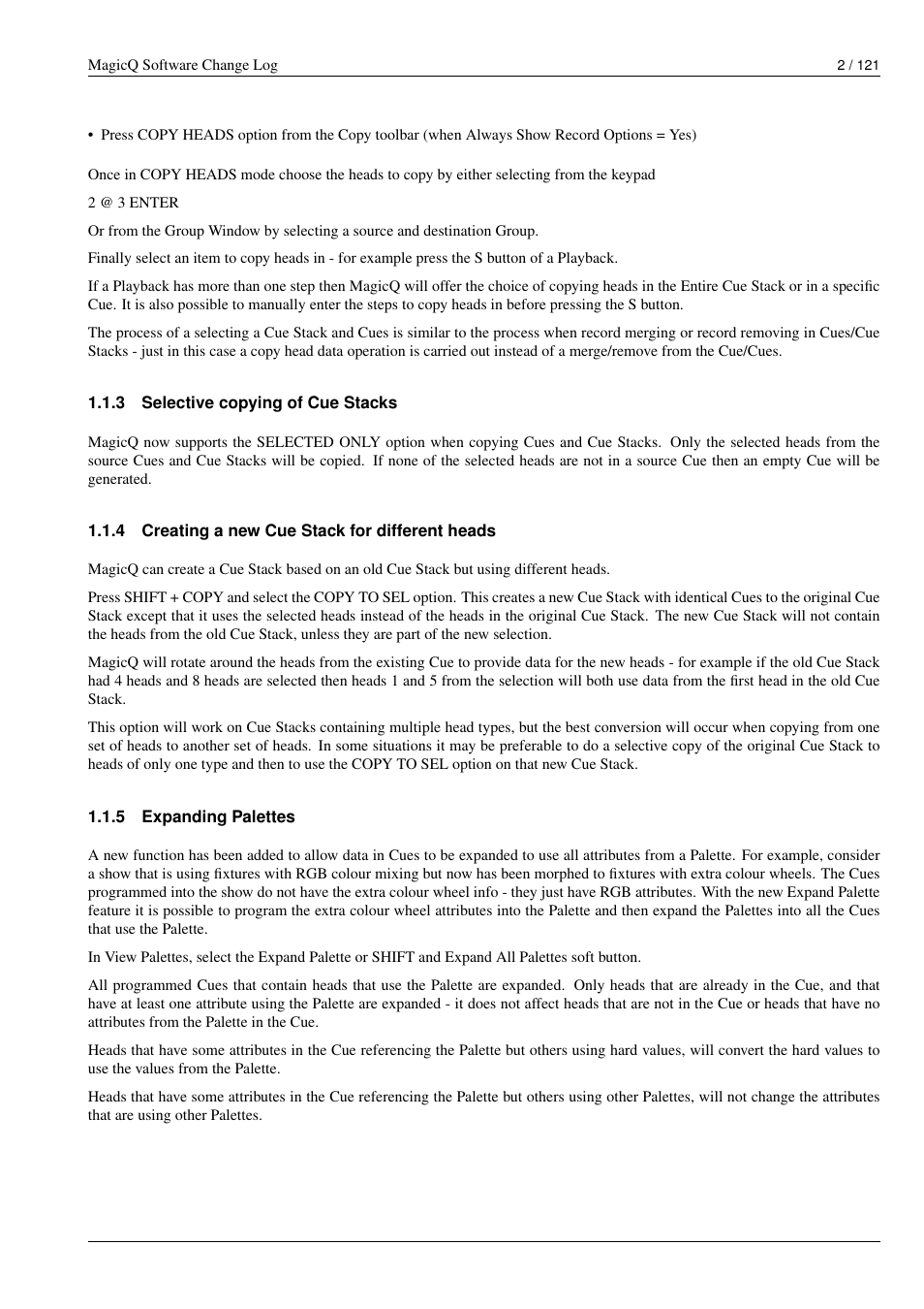 Selective copying of cue stacks, Creating a new cue stack for different heads, Expanding palettes | ChamSys MagicQ Software Change Log User Manual | Page 16 / 135