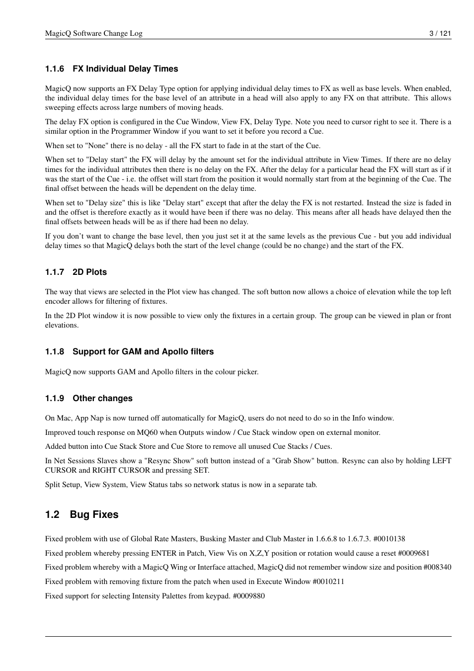 Fx individual delay times, 2d plots, Support for gam and apollo filters | Other changes, Bug fixes, 2 bug fixes | ChamSys MagicQ Software Change Log User Manual | Page 17 / 135
