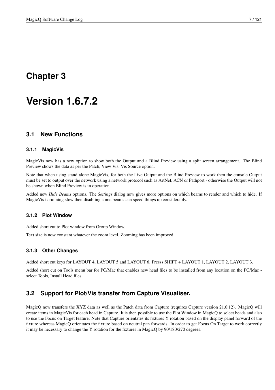 Version 1.6.7.2, New functions, Magicvis | Plot window, Other changes, Chapter 3 | ChamSys MagicQ Software Change Log User Manual | Page 21 / 135