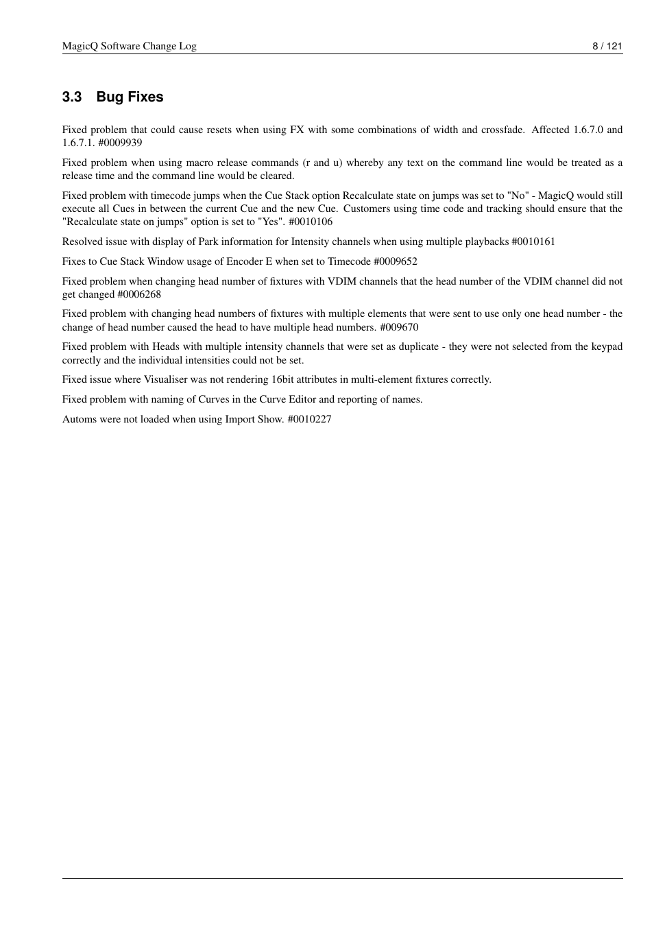 Bug fixes, 3 bug fixes | ChamSys MagicQ Software Change Log User Manual | Page 22 / 135