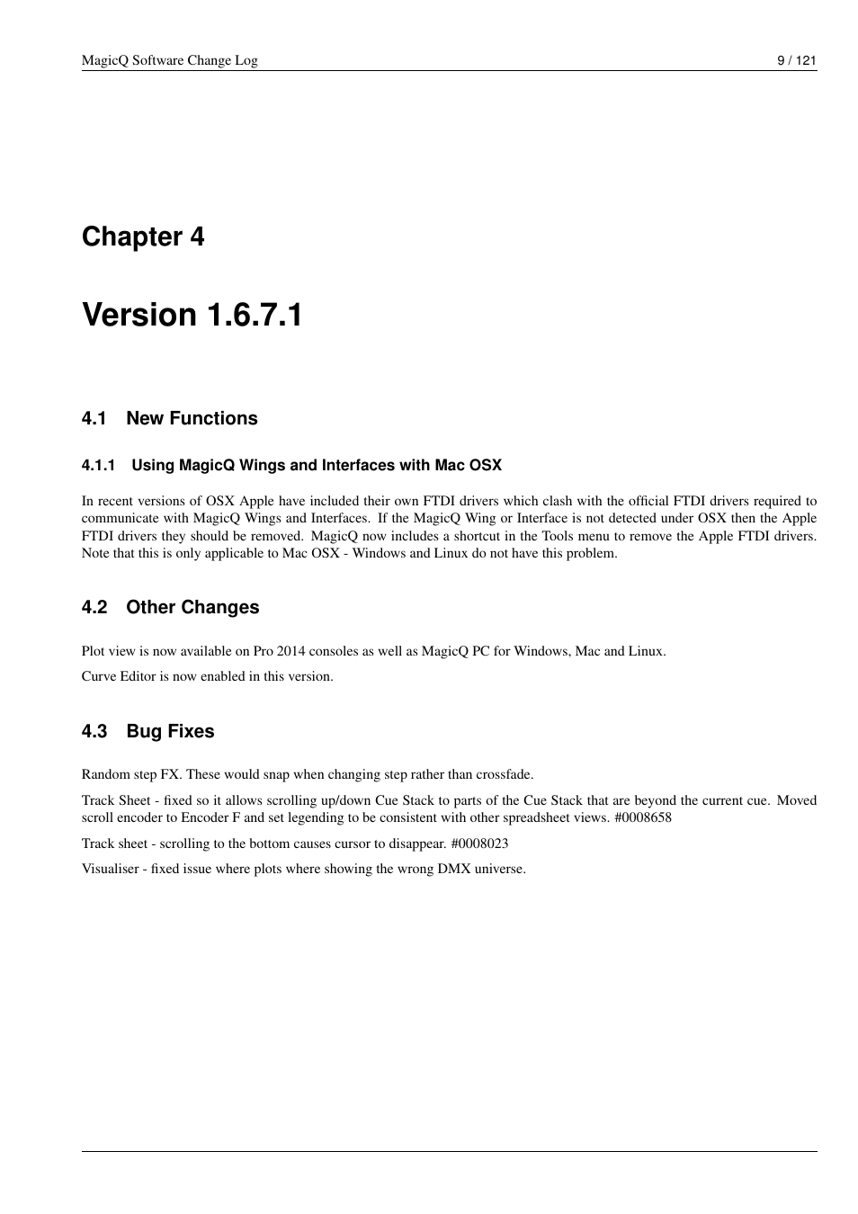 Version 1.6.7.1, New functions, Using magicq wings and interfaces with mac osx | Other changes, Bug fixes, Chapter 4 | ChamSys MagicQ Software Change Log User Manual | Page 23 / 135