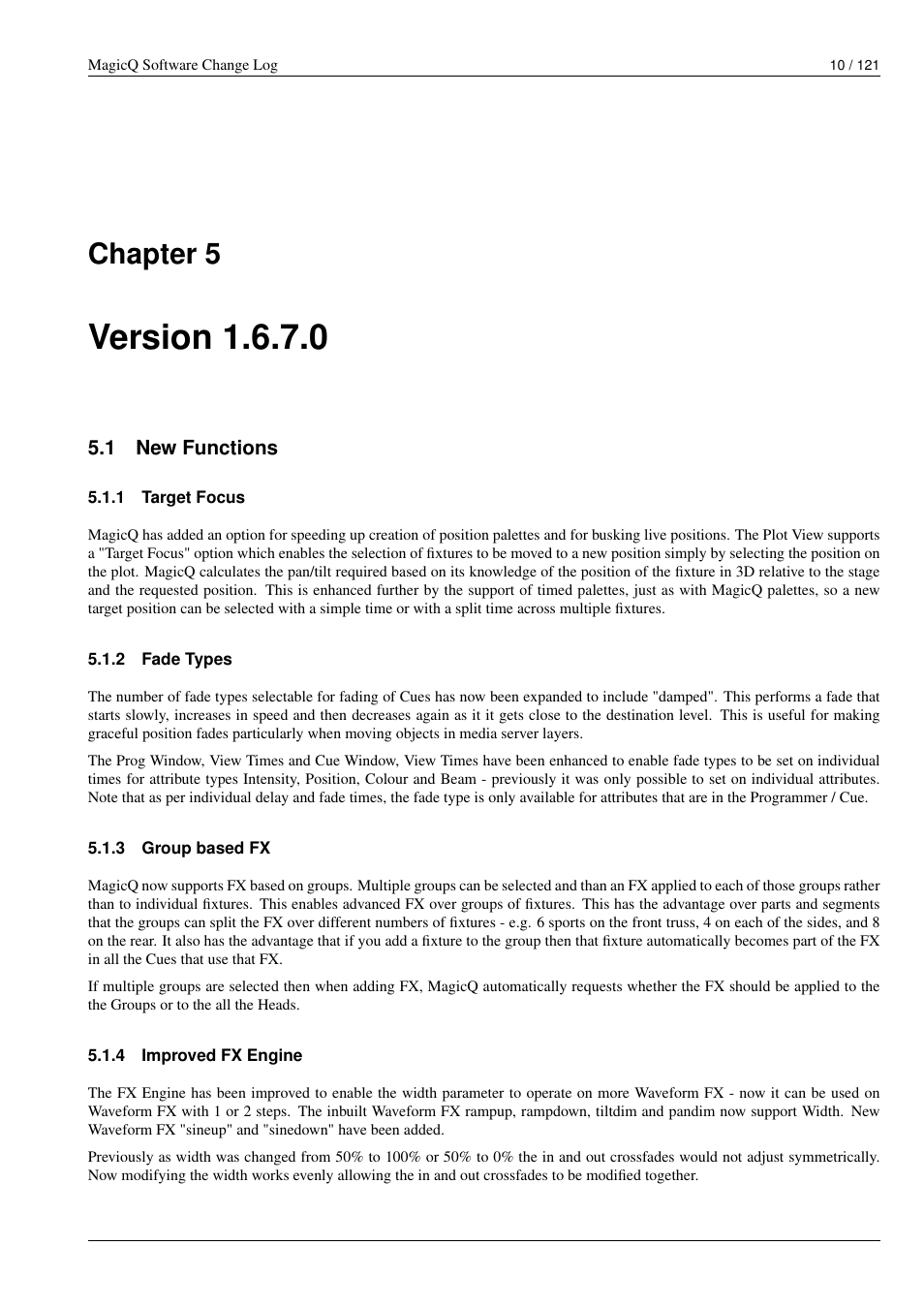 Version 1.6.7.0, New functions, Target focus | Fade types, Group based fx, Improved fx engine, Chapter 5 | ChamSys MagicQ Software Change Log User Manual | Page 24 / 135