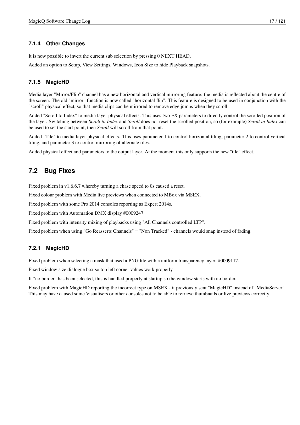 Other changes, Magichd, Bug fixes | 2 bug fixes | ChamSys MagicQ Software Change Log User Manual | Page 31 / 135