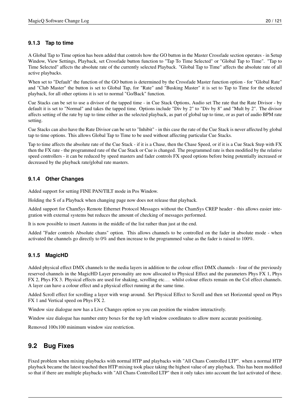 Tap to time, Other changes, Magichd | Bug fixes, 2 bug fixes | ChamSys MagicQ Software Change Log User Manual | Page 34 / 135
