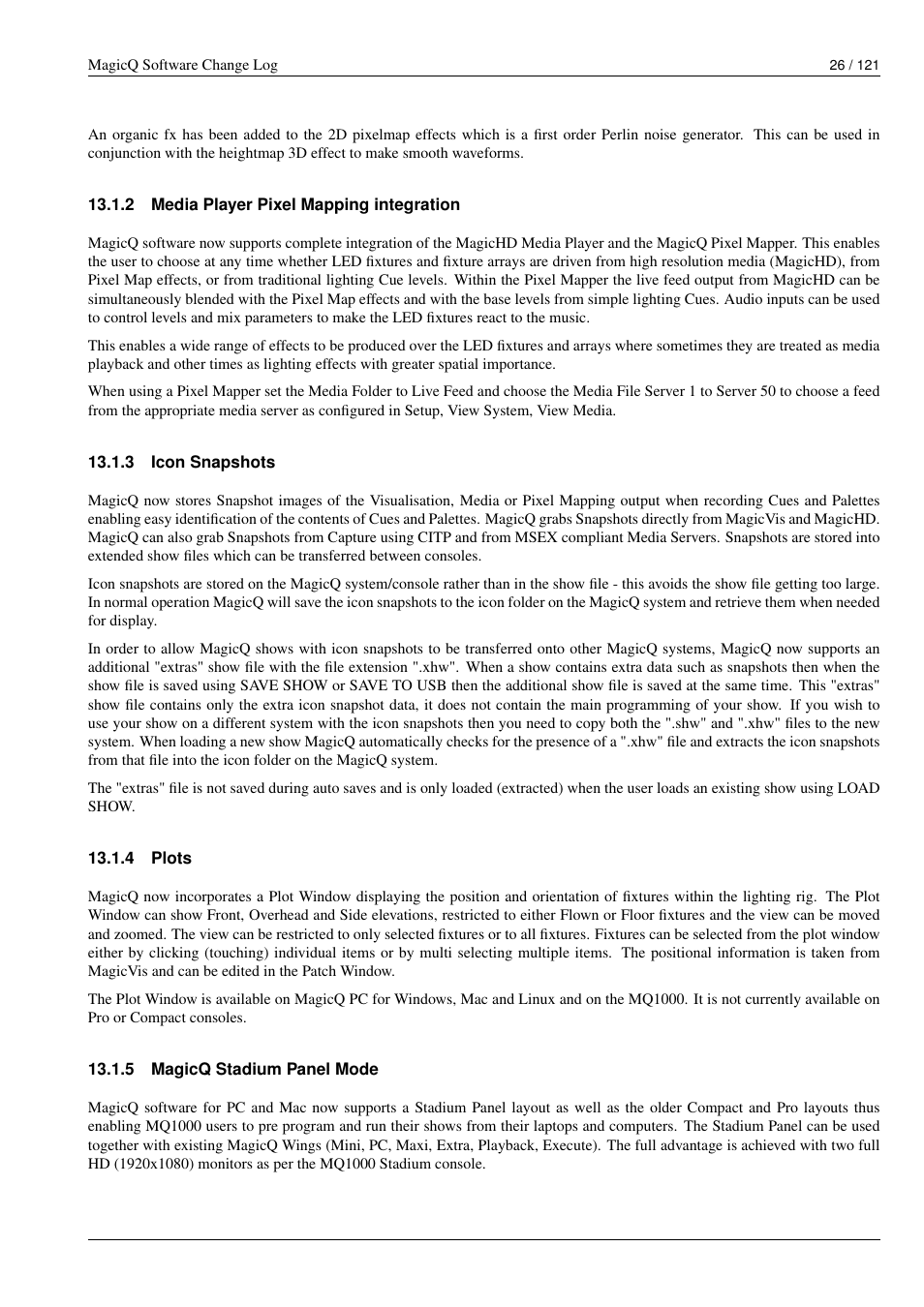 Media player pixel mapping integration, Icon snapshots, Plots | Magicq stadium panel mode, 2 media player pixel mapping integration, 3 icon snapshots, 4 plots, 5 magicq stadium panel mode | ChamSys MagicQ Software Change Log User Manual | Page 40 / 135