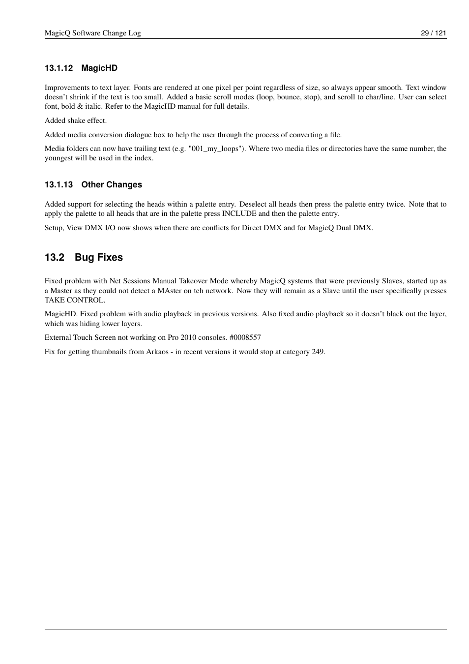 Magichd, Other changes, Bug fixes | 12 magichd, 13 other changes, 2 bug fixes | ChamSys MagicQ Software Change Log User Manual | Page 43 / 135