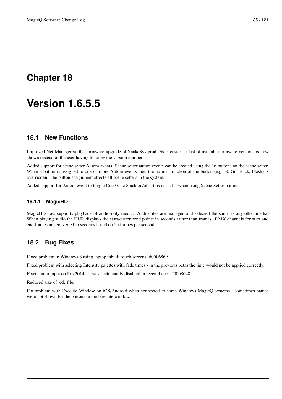Version 1.6.5.5, New functions, Magichd | Bug fixes, 18 version 1.6.5.5, 1 new functions, 1 magichd, 2 bug fixes, Chapter 18 | ChamSys MagicQ Software Change Log User Manual | Page 49 / 135