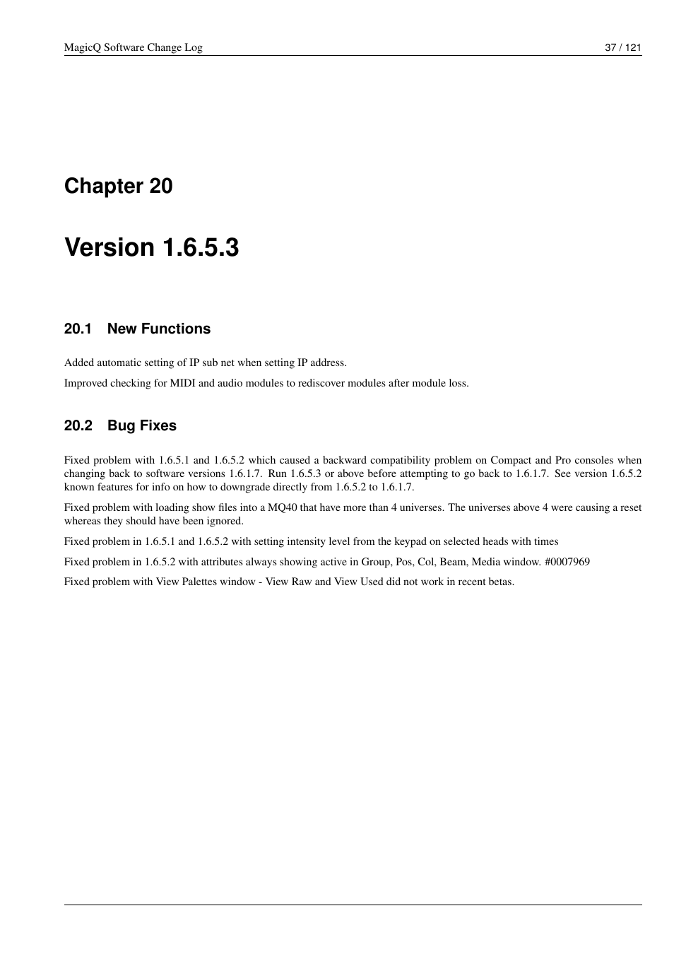Version 1.6.5.3, New functions, Bug fixes | 20 version 1.6.5.3, 1 new functions, 2 bug fixes, Chapter 20 | ChamSys MagicQ Software Change Log User Manual | Page 51 / 135