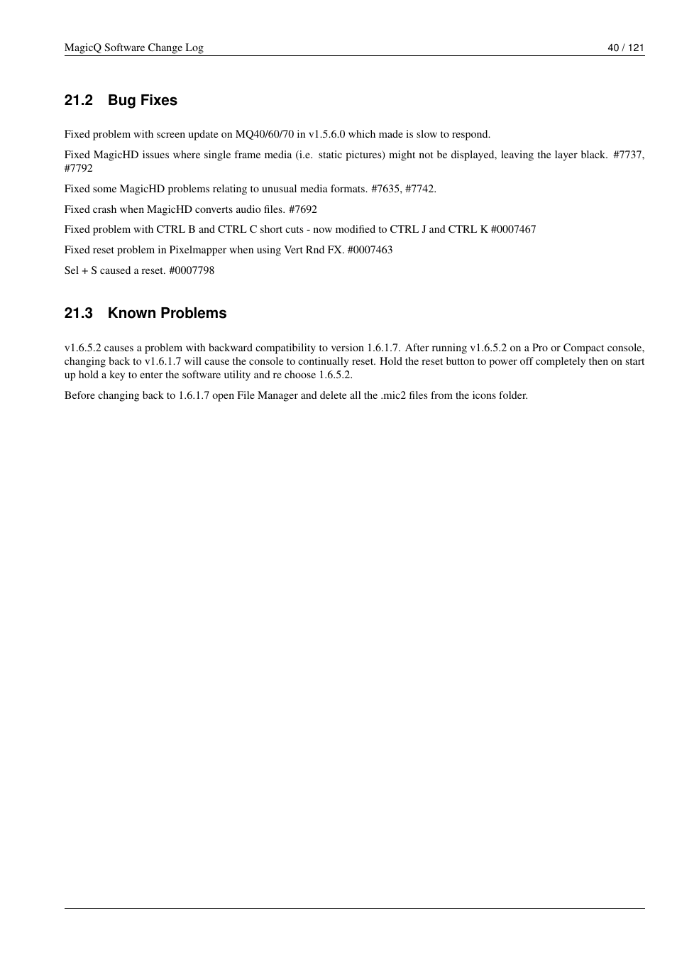 Bug fixes, Known problems, 2 bug fixes | 3 known problems | ChamSys MagicQ Software Change Log User Manual | Page 54 / 135