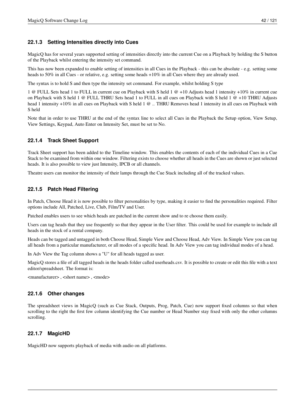 Setting intensities directly into cues, Track sheet support, Patch head filtering | Other changes, Magichd, 3 setting intensities directly into cues, 4 track sheet support, 5 patch head filtering, 6 other changes, 7 magichd | ChamSys MagicQ Software Change Log User Manual | Page 56 / 135