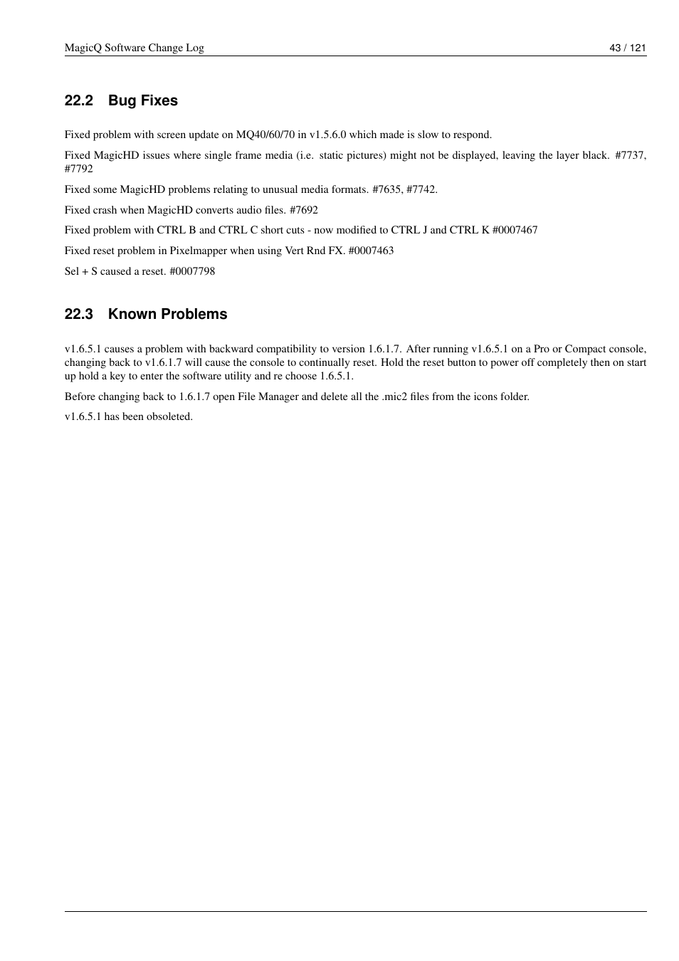 Bug fixes, Known problems, 2 bug fixes | 3 known problems | ChamSys MagicQ Software Change Log User Manual | Page 57 / 135