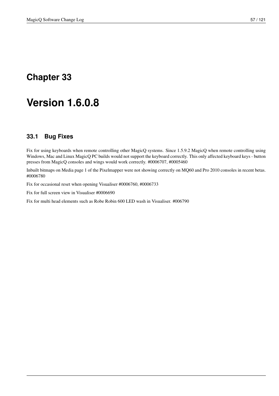 Version 1.6.0.8, Bug fixes, 33 version 1.6.0.8 | 1 bug fixes, Chapter 33 | ChamSys MagicQ Software Change Log User Manual | Page 71 / 135