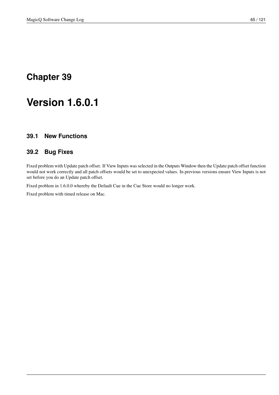 Version 1.6.0.1, New functions, Bug fixes | 39 version 1.6.0.1, 1 new functions, 2 bug fixes, Chapter 39 | ChamSys MagicQ Software Change Log User Manual | Page 79 / 135