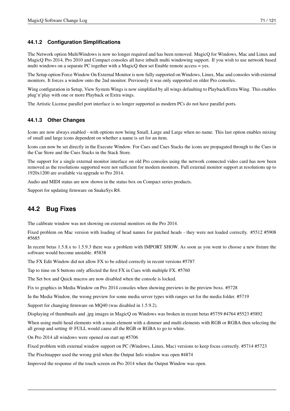 Configuration simplifications, Other changes, Bug fixes | 2 configuration simplifications, 3 other changes, 2 bug fixes | ChamSys MagicQ Software Change Log User Manual | Page 85 / 135