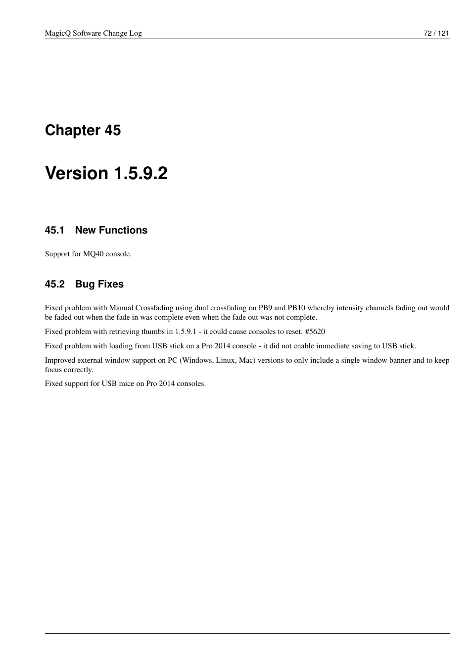 Version 1.5.9.2, New functions, Bug fixes | 45 version 1.5.9.2, 1 new functions, 2 bug fixes, Chapter 45 | ChamSys MagicQ Software Change Log User Manual | Page 86 / 135