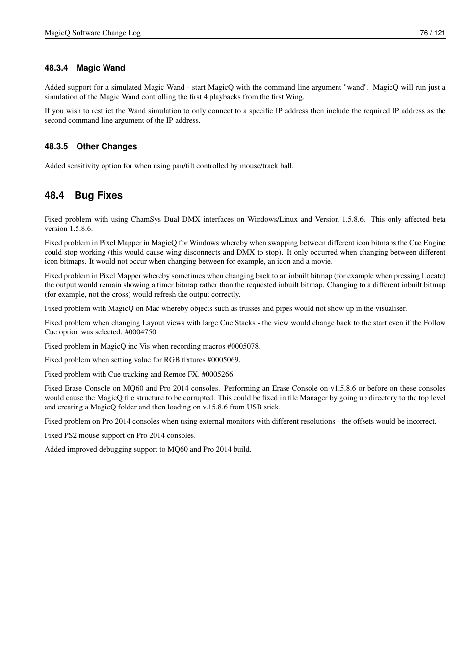 Magic wand, Other changes, Bug fixes | 4 magic wand, 5 other changes, 4 bug fixes | ChamSys MagicQ Software Change Log User Manual | Page 90 / 135