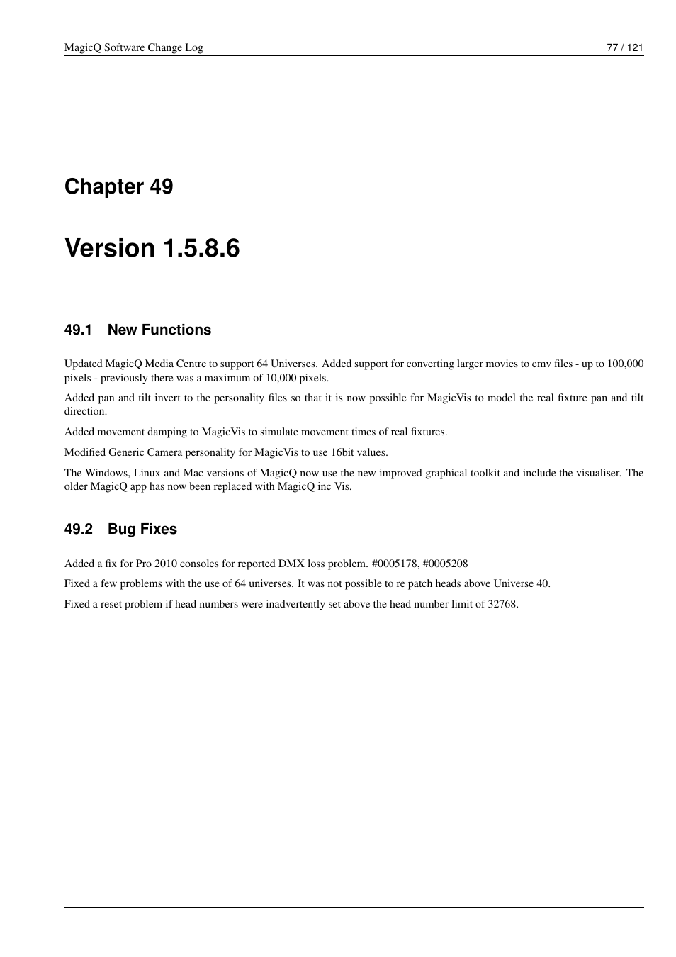 Version 1.5.8.6, New functions, Bug fixes | 49 version 1.5.8.6, 1 new functions, 2 bug fixes, Chapter 49 | ChamSys MagicQ Software Change Log User Manual | Page 91 / 135