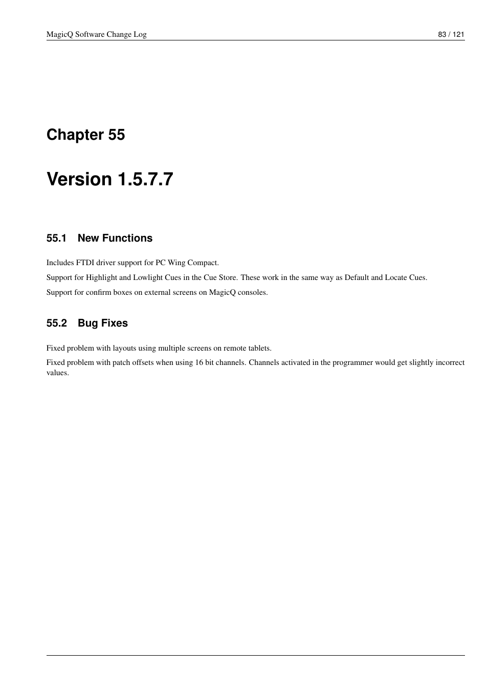 Version 1.5.7.7, New functions, Bug fixes | 55 version 1.5.7.7, 1 new functions, 2 bug fixes, Chapter 55 | ChamSys MagicQ Software Change Log User Manual | Page 97 / 135