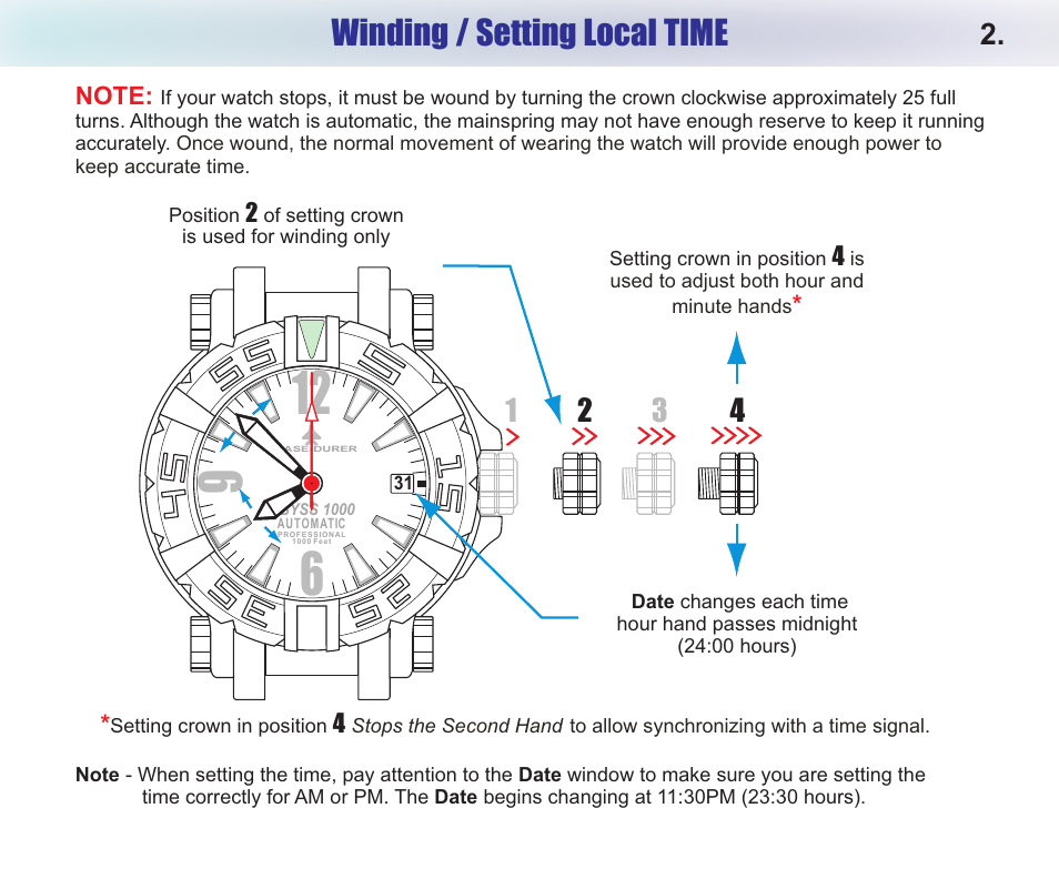 Winding / setting local time | Chase-Durer Abyss 1000 Professional User Manual | Page 4 / 8