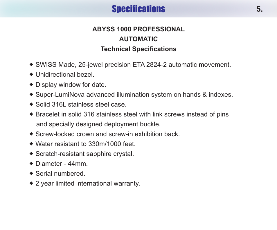 Specifications | Chase-Durer Abyss 1000 Professional User Manual | Page 7 / 8