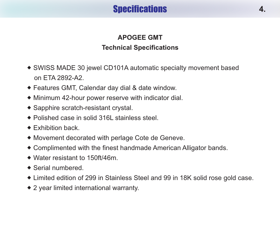 Specifications | Chase-Durer Apogee GMT Automatic User Manual | Page 6 / 7