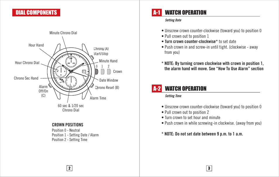 Watch operation a-1, Dial components, Watch operation a-2 | Crown positions | Chase-Durer Blackhawk Mach 3 User Manual | Page 3 / 6