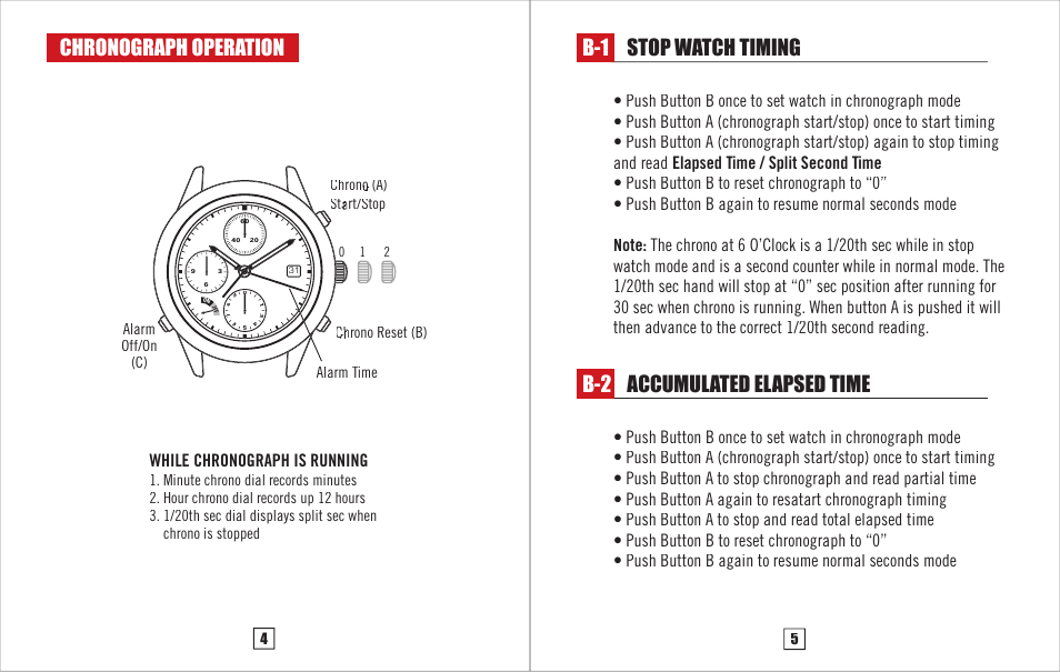 Stop watch timing b-1 chronograph operation, Accumulated elapsed time b-2, While chronograph is running | Chase-Durer Blackhawk Mach 3 User Manual | Page 4 / 6