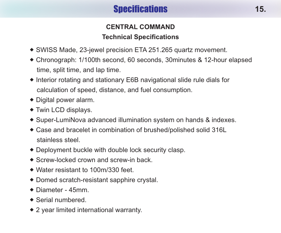 Specifications | Chase-Durer Central Command User Manual | Page 17 / 18