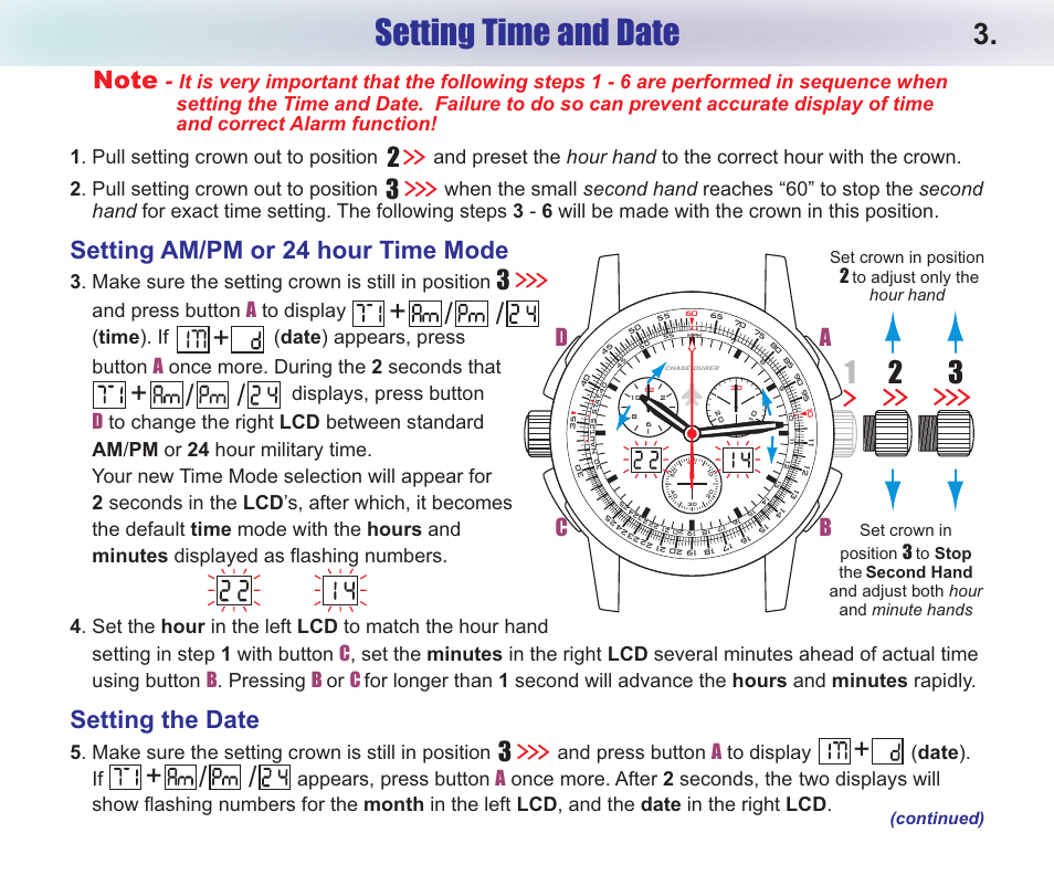 Setting time and date, Setting am/pm or 24 hour time mode, Setting the date | Ab c | Chase-Durer Central Command User Manual | Page 5 / 18