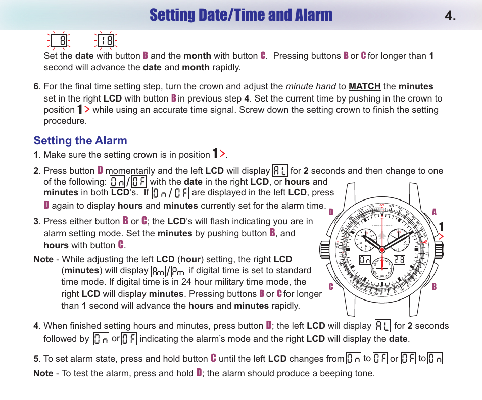 Setting date/time and alarm, Setting the alarm, Bc b c | 1 . make sure the setting crown is in position, Ab d c | Chase-Durer Central Command User Manual | Page 6 / 18