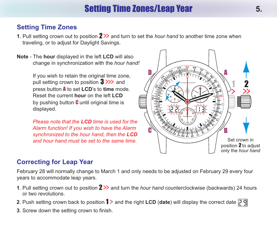 Setting time zones/leap year, Ab d c, Correcting for leap year | Setting time zones, Set crown in position | Chase-Durer Central Command User Manual | Page 7 / 18