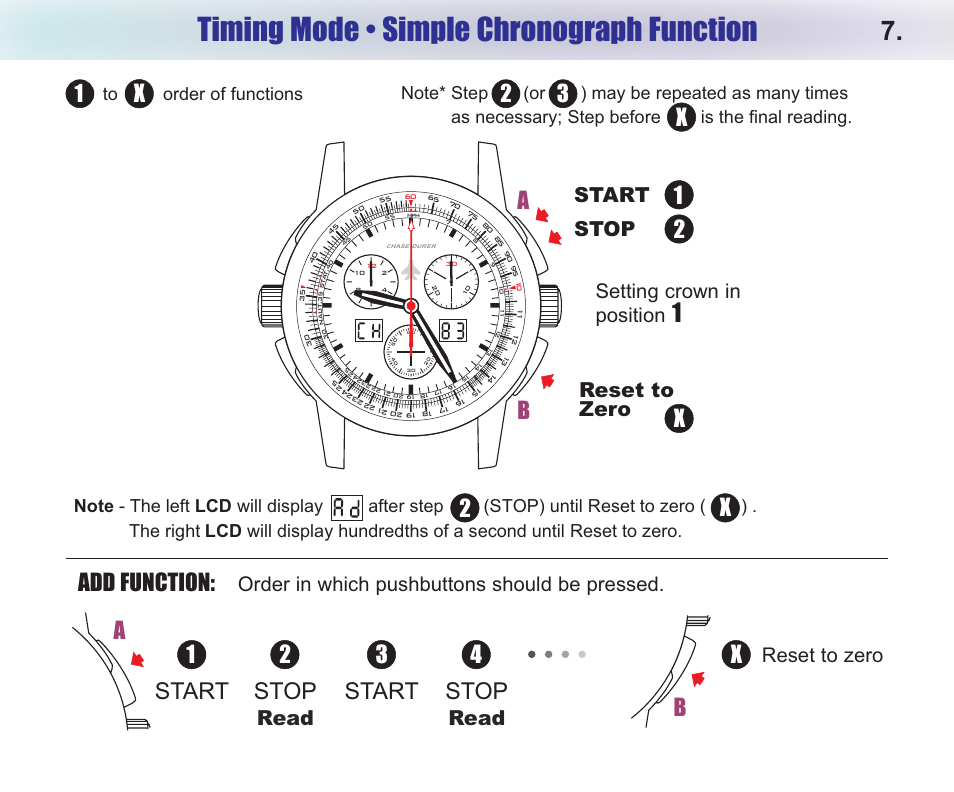 Timing mode • simple chronograph function, Add function, Bstart stop | Start stop, 12 3 4 x a, Read, Setting crown in, Position, Start stop reset to zero | Chase-Durer Central Command User Manual | Page 9 / 18