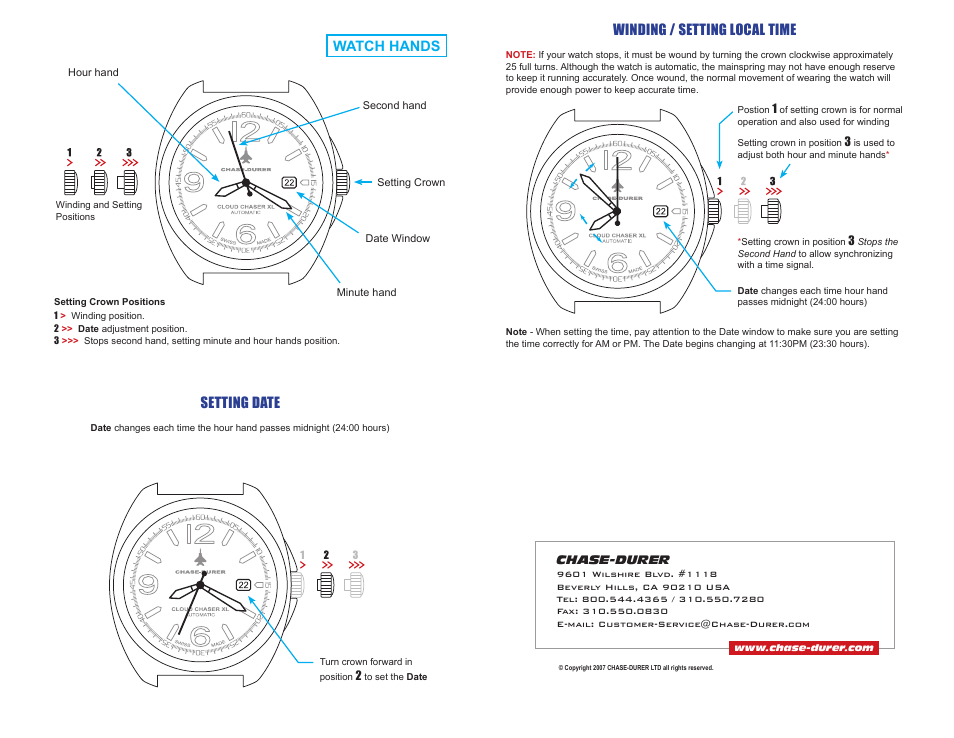 Setting date, Winding / setting local time, Watch hands | Chase-Durer Cloud Chaser Automatic User Manual | Page 2 / 2