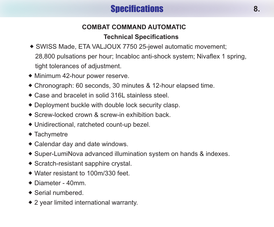 Specifications | Chase-Durer Combat Command Automatic User Manual | Page 10 / 11