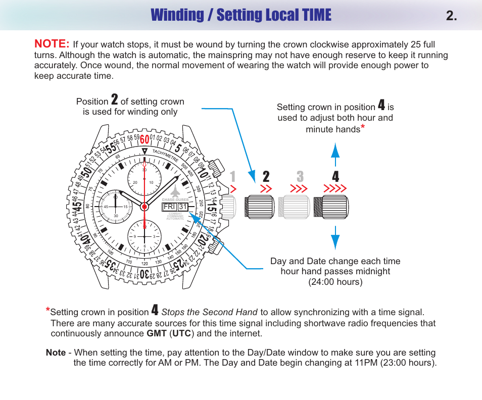 Winding / setting local time | Chase-Durer Combat Command Automatic User Manual | Page 4 / 11