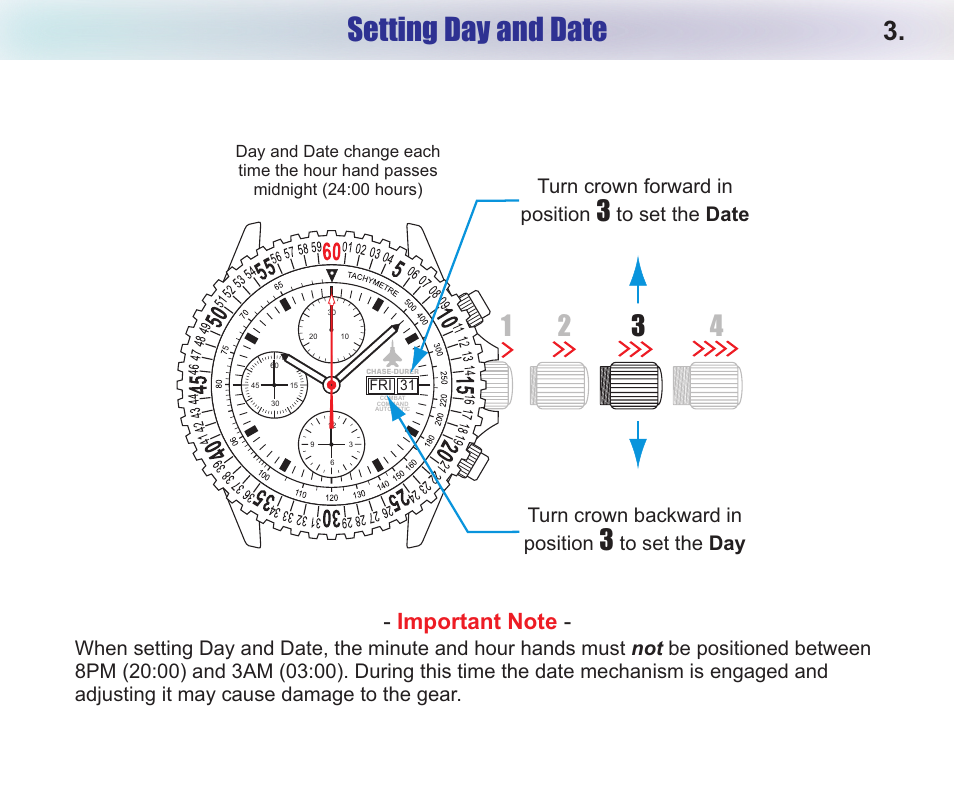 Setting day date and | Chase-Durer Combat Command Automatic User Manual | Page 5 / 11