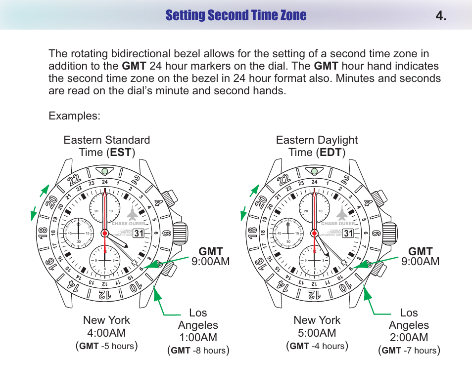 Setting second time zone, Los angeles 1:00am, Los angeles 2:00am | Examples | Chase-Durer Combat Command GMT User Manual | Page 6 / 10