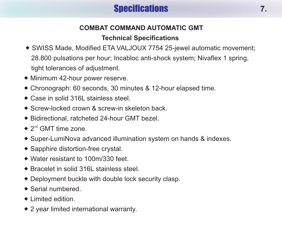 Specifications | Chase-Durer Combat Command GMT User Manual | Page 9 / 10