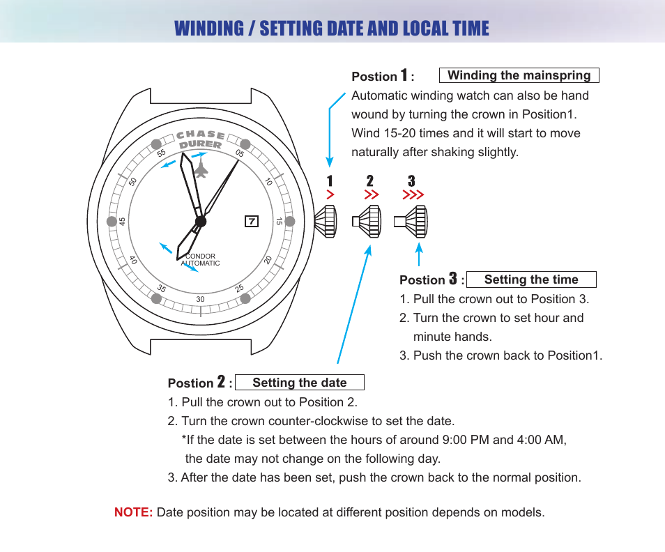 Winding / setting date and local time | Chase-Durer Condor Chrongraph/Automatic User Manual | Page 11 / 12