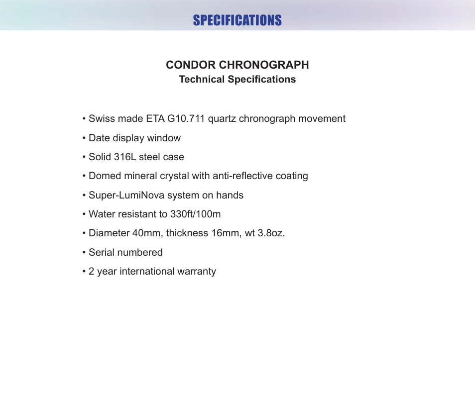Specifications | Chase-Durer Condor Chrongraph/Automatic User Manual | Page 2 / 12