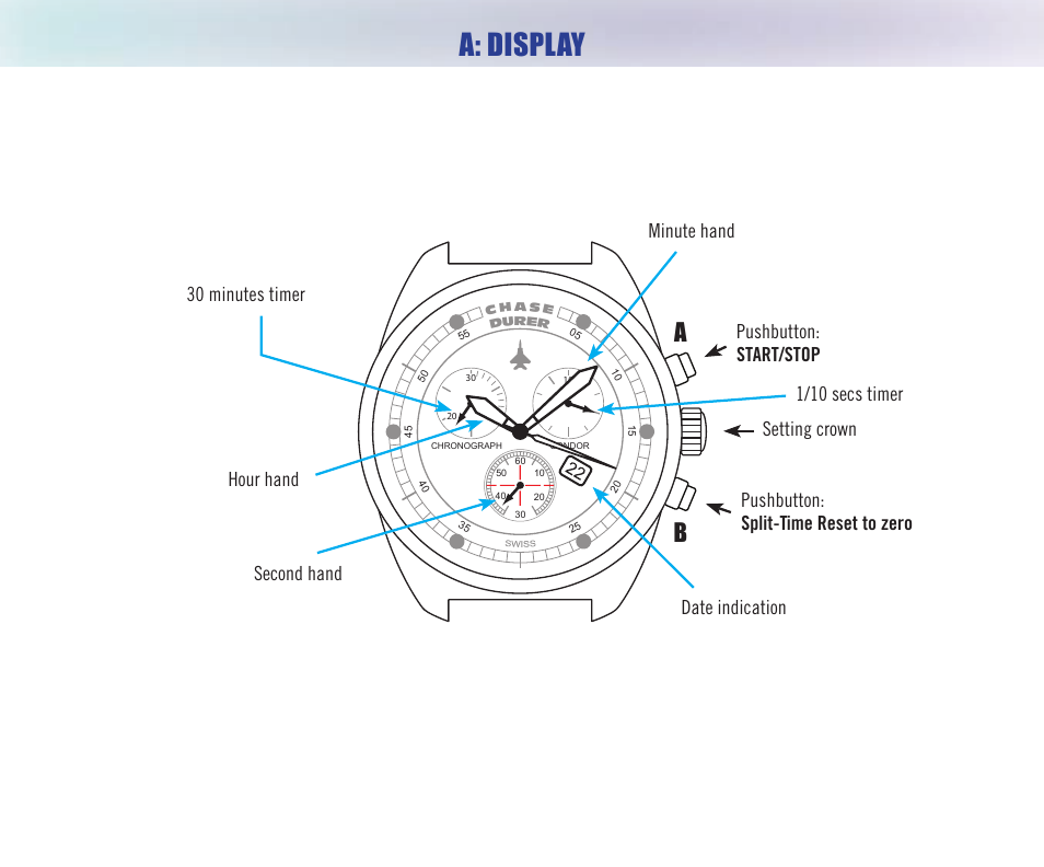 A: display | Chase-Durer Condor Chrongraph/Automatic User Manual | Page 3 / 12