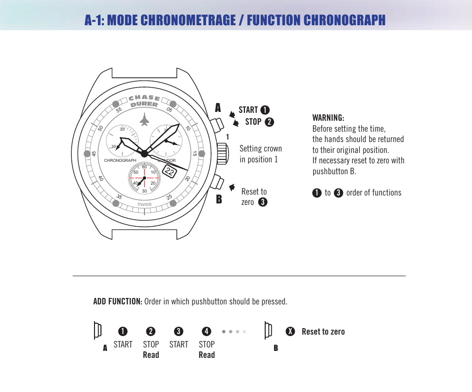 A-1: mode chronometrage / function chronograph, Order of functions, Setting crown in position 1 | Reset to zero, Start, Stop, Stop read | Chase-Durer Condor Chrongraph/Automatic User Manual | Page 4 / 12