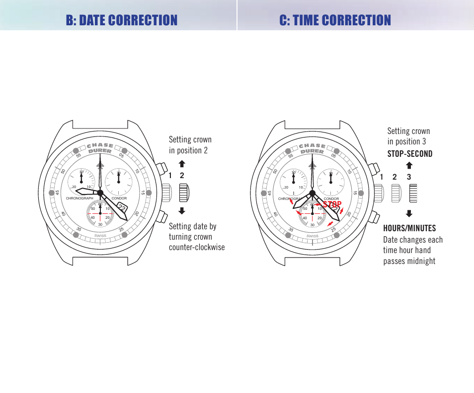 B: date correction c: time correction, Stop | Chase-Durer Condor Chrongraph/Automatic User Manual | Page 6 / 12