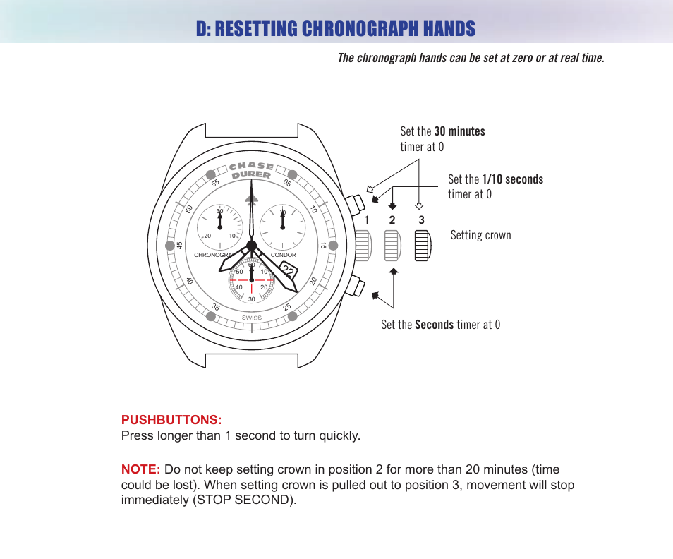 D: resetting chronograph hands, Hours/minutes | Chase-Durer Condor Chrongraph/Automatic User Manual | Page 7 / 12