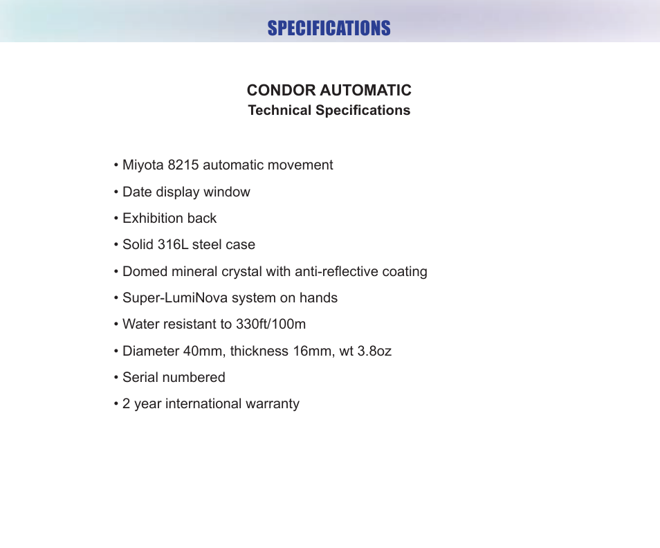 Specifications | Chase-Durer Condor Chrongraph/Automatic User Manual | Page 9 / 12