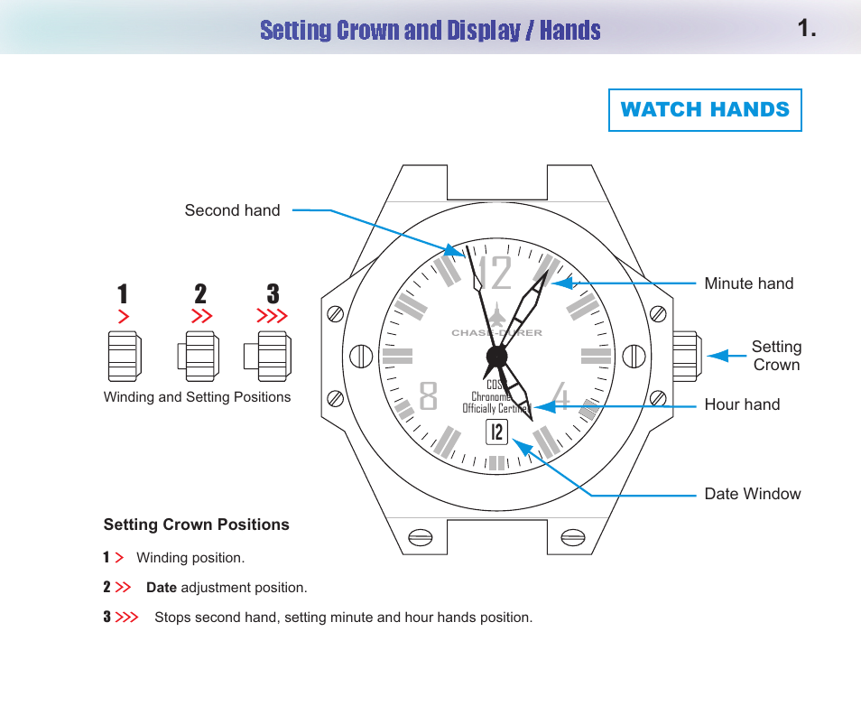 Setting crown and display / hands | Chase-Durer Conquest Automatic User Manual | Page 3 / 7