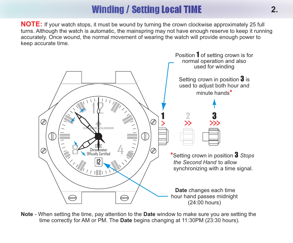 Winding / setting local time | Chase-Durer Conquest Automatic User Manual | Page 4 / 7