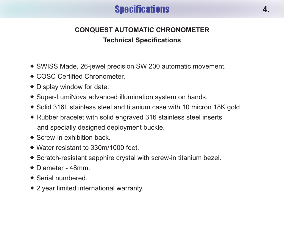 Specifications | Chase-Durer Conquest Automatic User Manual | Page 6 / 7