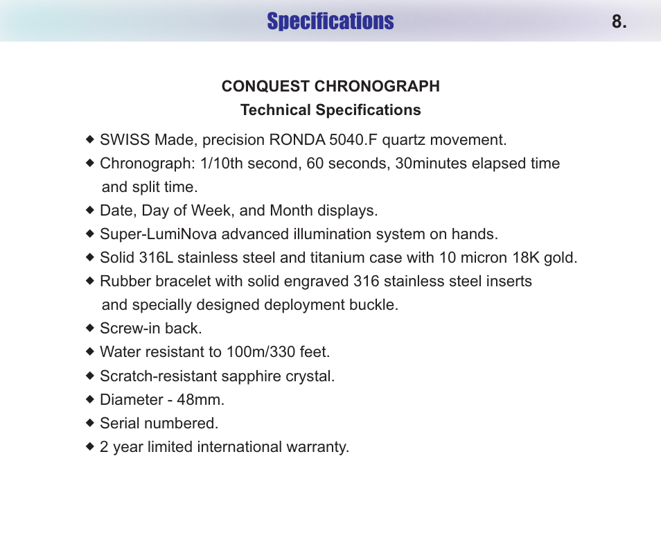 Specifications | Chase-Durer Conquest Chronograph User Manual | Page 10 / 11